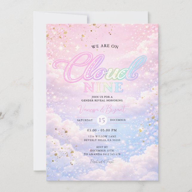 Convites Rainbow Cloud Nine Sky Glitter Gender Reveal  (Frente)