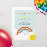 Convites Rainbow Clouds Watercolor Sky Sunshine Aniversário<br><div class="desc">Um tema de aniversário do arco-íris com ilustração de um arco-íris,  céu azul e sol com rosto sorridente.</div>