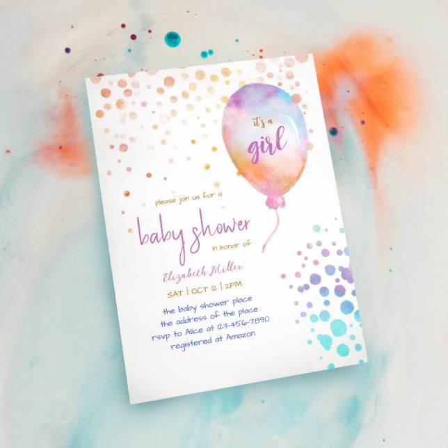 Convites Rainbow Color Watercolor Balloon Baby Girl Chá (Criador carregado)