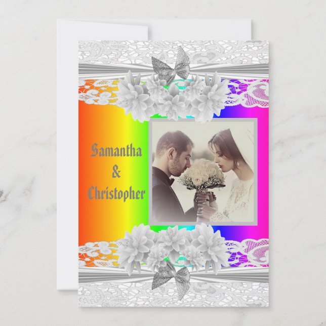 Convites Rainbow coloured lace wedding photo invitation (Verso)