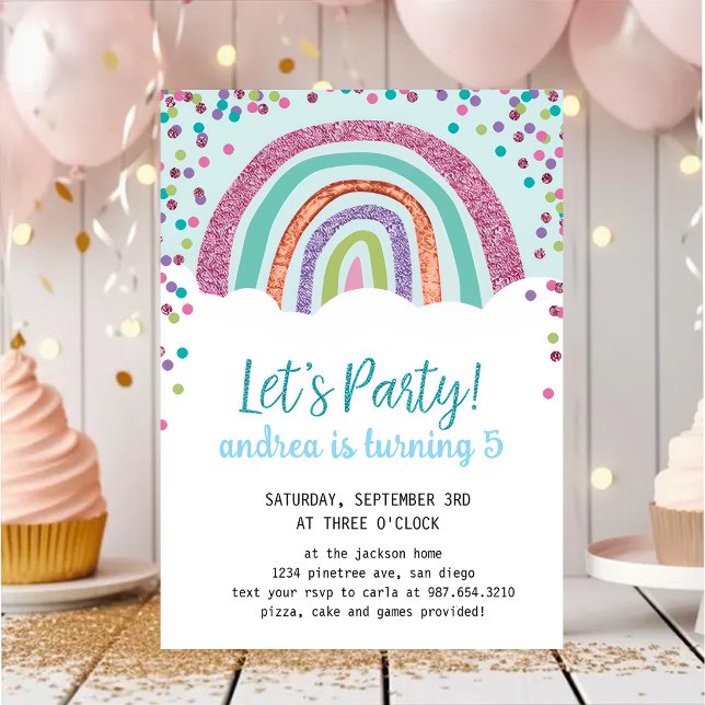 Convites Rainbow Confetti Girl 5th Birthday Party  (Criador carregado)