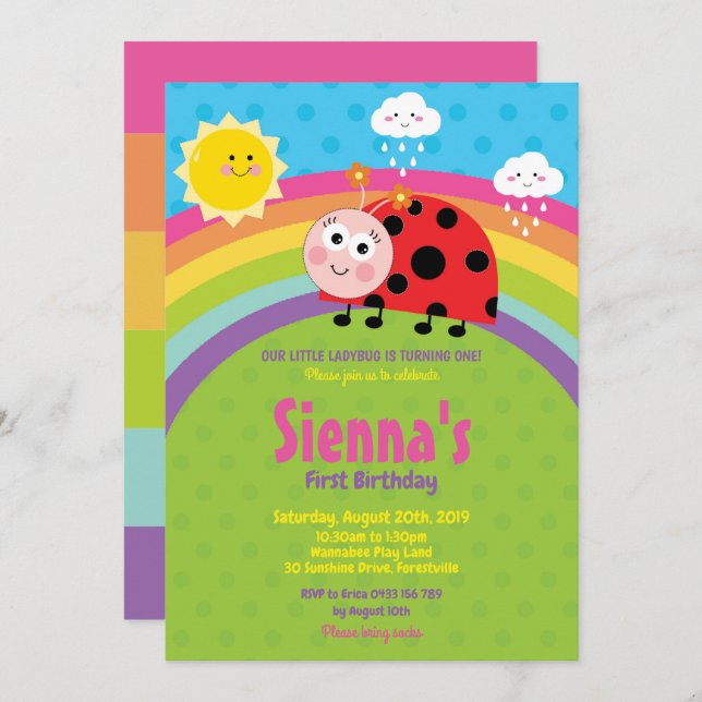 Convites Rainbow Cute Ladybug primeiro aniversario Party Gi (Frente/Verso)