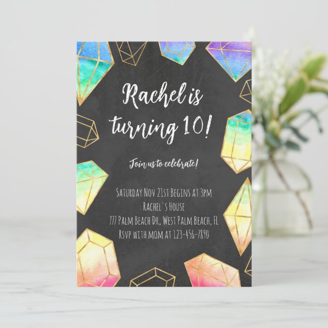 Convites Rainbow & Dourado Gemstones Modern Girls Aniversár (Em pé/Frente)