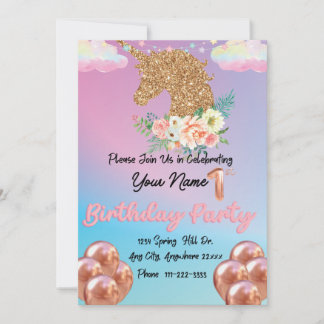 Convites Rainbow Dourado Unicorn Birthday