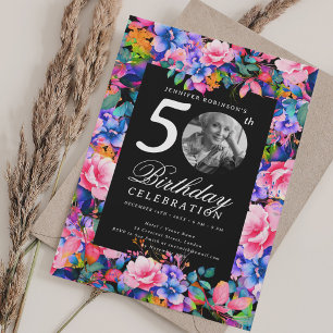 Convites Rainbow Floral Garden Foto 50th Birthday Black