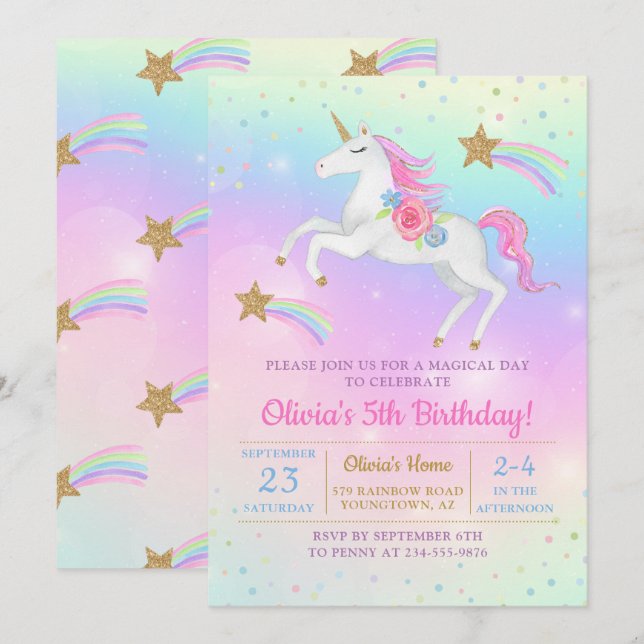 Convites Rainbow Floral Magical Unicorn Girls Aniversário (Frente/Verso)