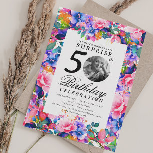 Convites Rainbow Floral Photo SURPRISE 50th Birthday