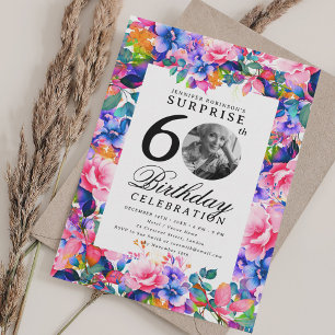Convites Rainbow Floral Photo SURPRISE 60th Birthday
