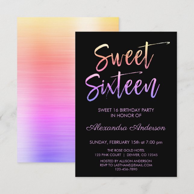 Convites Rainbow Foil e Black Sweet Dezesseis Aniversário (Frente/Verso)