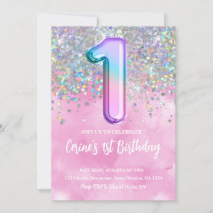 Convites Rainbow Foil Girl Primeiro Aniversário