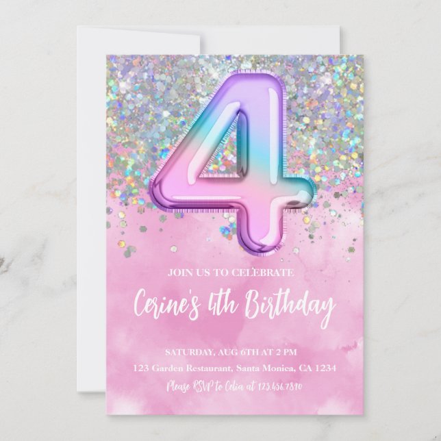 Convites Rainbow Foil Girl Quarth Birday (Frente)
