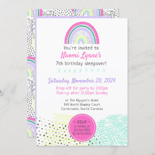 Convites Rainbow Girl 90's Birthday Sleepover Kawaii Party