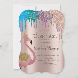 Convites Rainbow Glitter Drips Flamingos Sweet 16 Birthday
