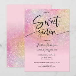 Convites Rainbow glitter ombre rosado-feminino Sweet 16
