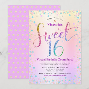 Convites Rainbow Glitter Ombre Virtual Sweet 16 Aniversário