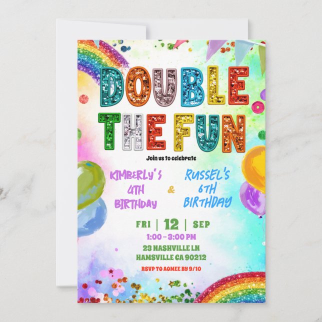 Convites Rainbow Glitter Sequin Sibling Birthday Invitation (Frente)
