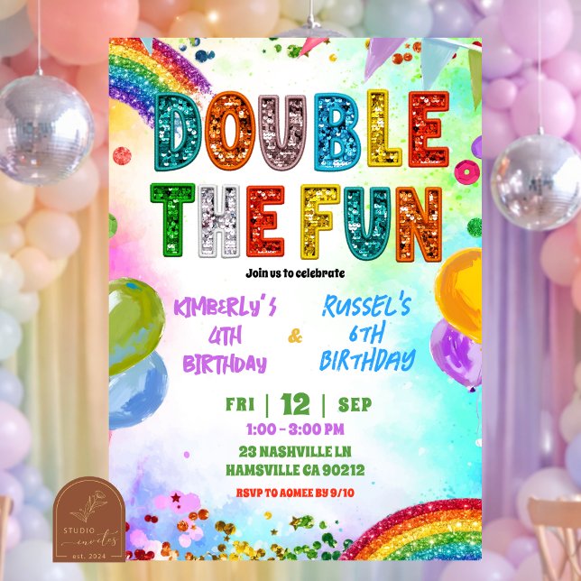Convites Rainbow Glitter Sequin Sibling Birthday Invitation (Criador carregado)