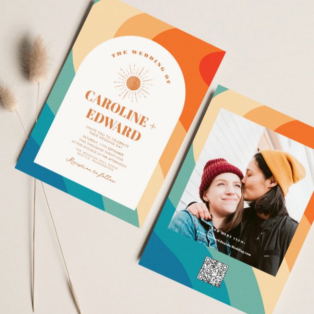 Convites Rainbow Groovy Colorful Wavy Boho Casamento Qr Cód (Criador carregado)