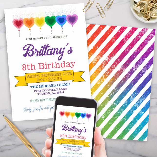 Convites Rainbow Heart Balloons Girly Birthday Party (Fun rainbow colored heart shaped balloons birthday party invitation for birthday celebration)