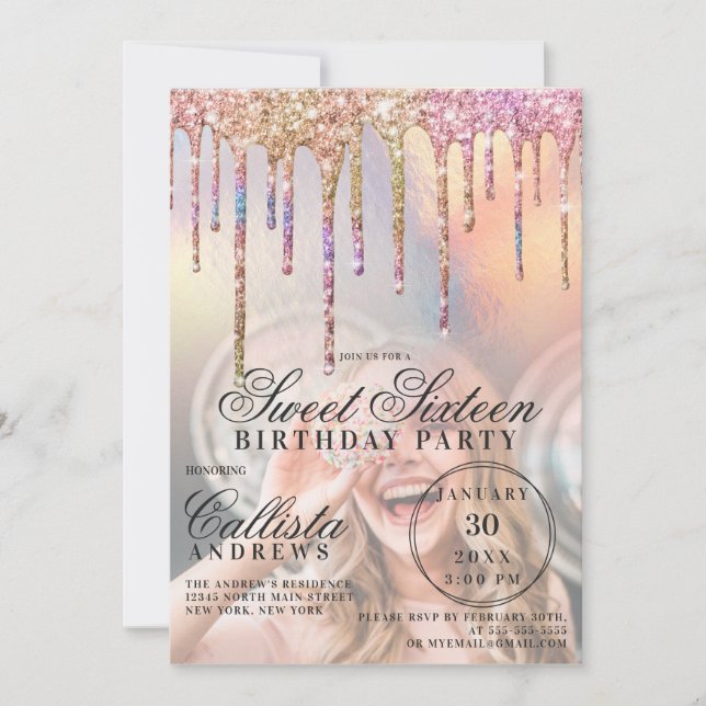 Convites Rainbow Holographic Glitter Drips Foto Sweet 16 (Frente)