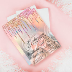 Convites Rainbow Holographic Glitter Drives Graduação de Fo