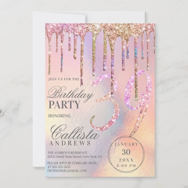 Convites Rainbow Holographic Glitter Drives Idade Aniversár (Frente)