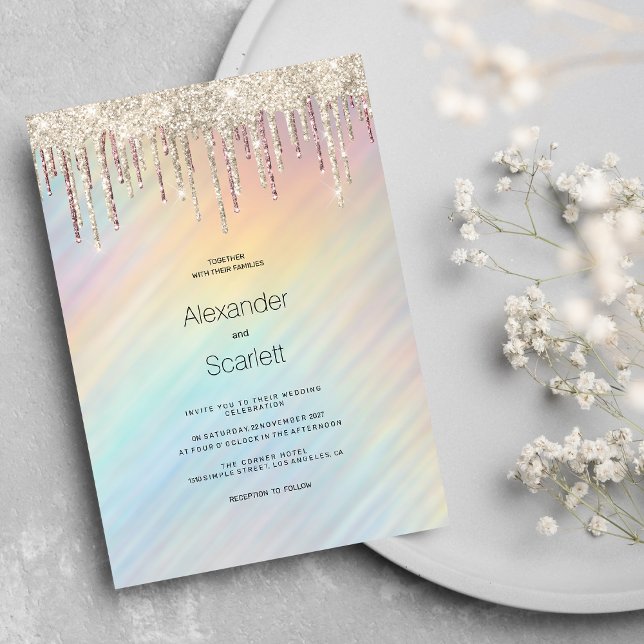Convites Rainbow holographic gold glitter drips Wedding  (Rainbow holographic gold glitter drips Wedding)