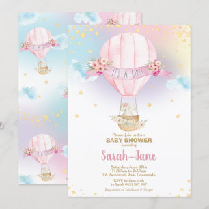Convites Rainbow Hot Air Balloon Baby Girl Elepher