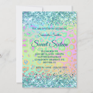 Convites Rainbow Leopard Faux Teal Glitter Sweet 16