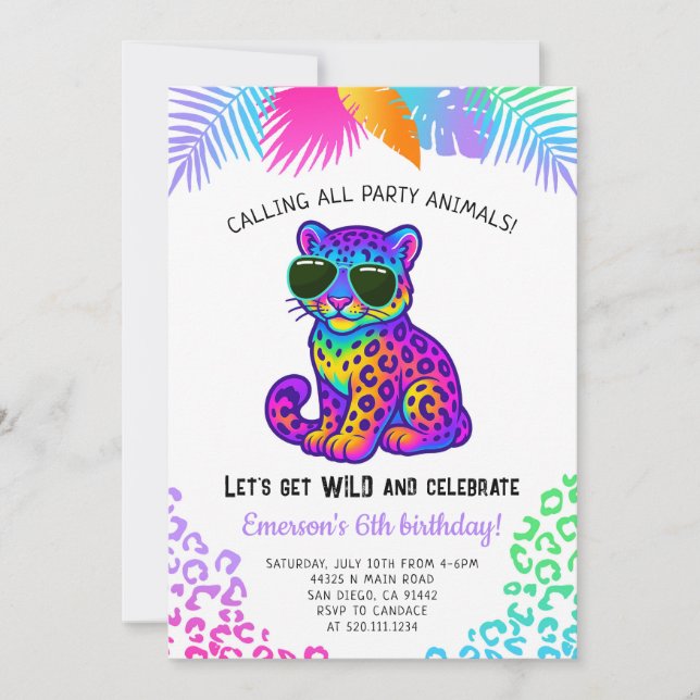 Convites Rainbow Leopard Party Animals Birthday Invitation (Frente)