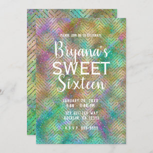 Convites Rainbow Lights Sparkly Dourada Chevron Sweet 16 Pa