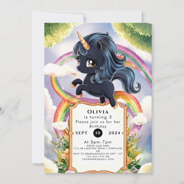 Convites Rainbow Magical Black Unicorn Birthday (Frente)
