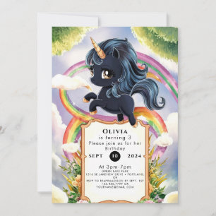 Convites Rainbow Magical Black Unicorn Birthday
