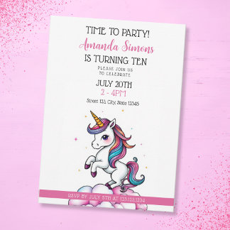 Convites Rainbow Mane Sparkle Unicorn Girl 10th Birthday