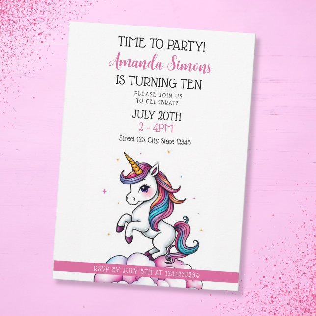 Convites Rainbow Mane Sparkle Unicorn Girl 10th Birthday (Criador carregado)