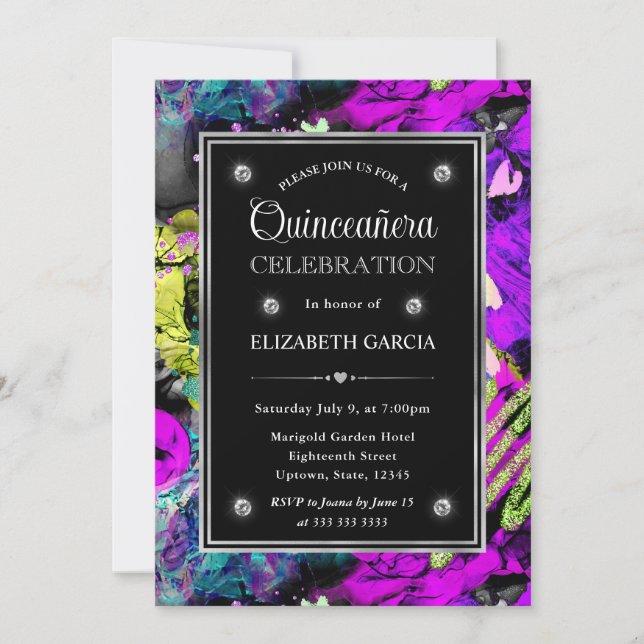 Convites Rainbow Neon Abstrato Glitter Frame Quinceanera (Frente)