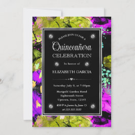 Convites Rainbow Neon Abstrato Glitter Frame Quinceanera