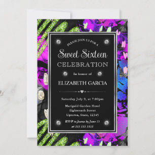 Convites Rainbow Neon Abstrato Glitter Frame Sweet 16