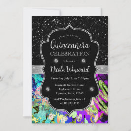 Convites Rainbow Neon Abstrato Glitter Quinceanera