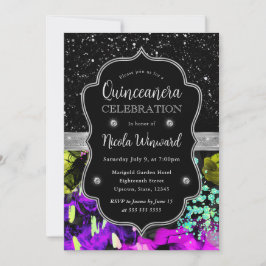 Convites Rainbow Neon Abstrato Glitter Quinceanera