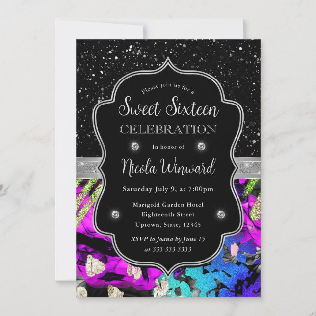 Convites Rainbow Neon Abstrato Glitter Sweet 16 (Frente)