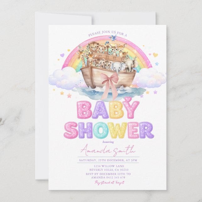 Convites Rainbow Noah’s Ark Baby Shower Glitter Invitation (Frente)