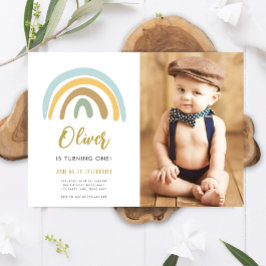 Convites Rainbow Pastel Boho Muted Blue Boy Primeiro Aniver