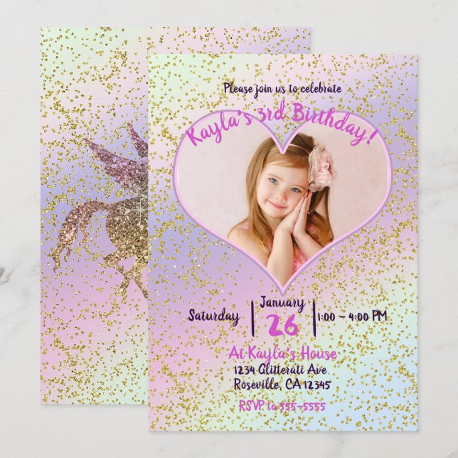 Convites Rainbow Pastel Dourado Glitter Unicorn Photo Party (Frente/Verso)