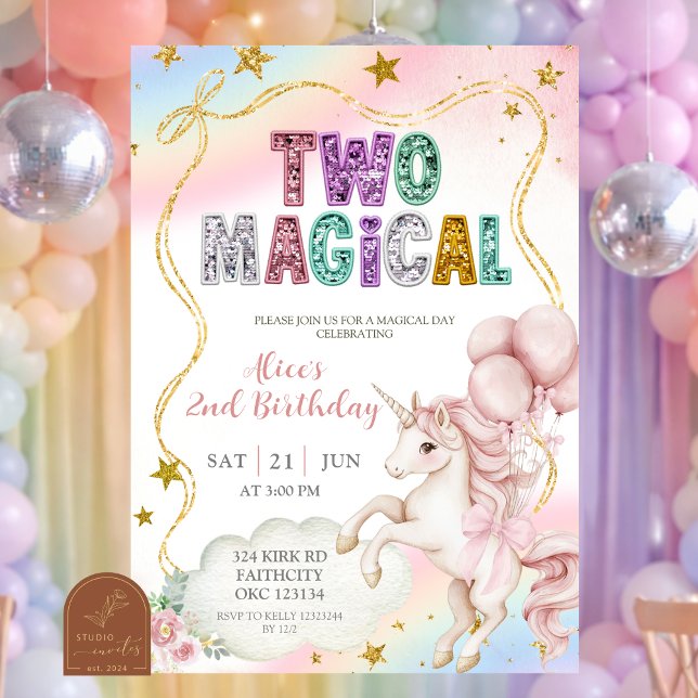 Convites Rainbow Pastel Unicorn Two Magical 2nd birthday In (Criador carregado)