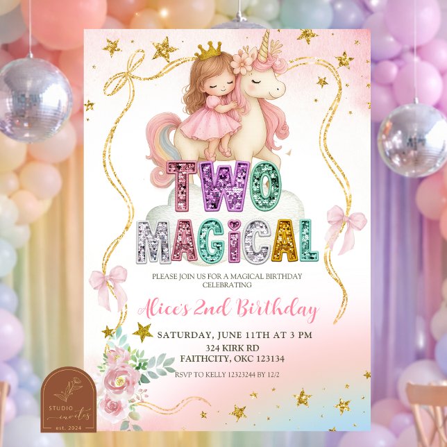 Convites Rainbow Pastel Unicorn TWO Magical Birthday Invita (Criador carregado)