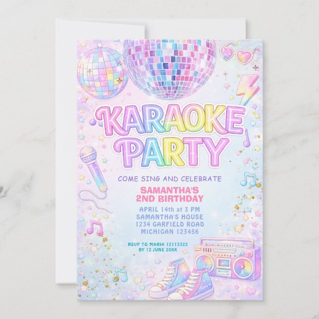 Convites Rainbow Pink Disco Ball Karaoke Birthday  (Frente)