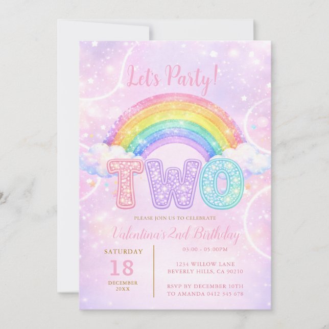 Convites Rainbow Pink Purple Glitter Second Birthday Party (Frente)