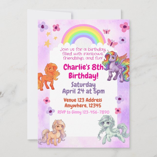 Convites Rainbow Pony Birthday Party Invitation (Frente)