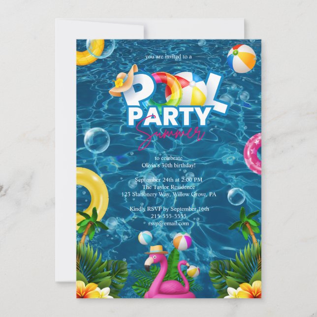 Convites Rainbow Pool Party Birthday Invitation  (Frente)